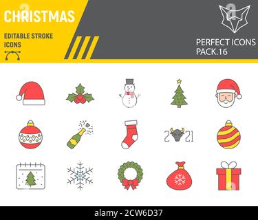 Weihnachten Farbe Linie Symbol-Set, glückliches neues Jahr Kollektion, Vektor-Skizzen, Logo-Illustrationen, fröhliche weihnachten Ikonen, Urlaub Zeichen gefüllt Umriss Stock Vektor