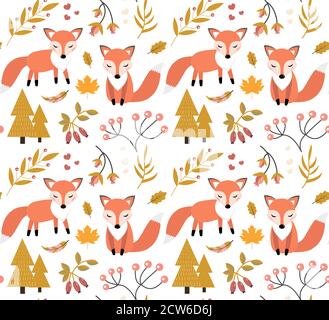 Niedlichen Fuchs im Herbst Wald nahtlose Muster. Kleiner Fuchs, Herbstpflanzen, Blumen wiederholen Textur. Kinder Baby lustig lächelnd Tier Hintergrund Stock Vektor