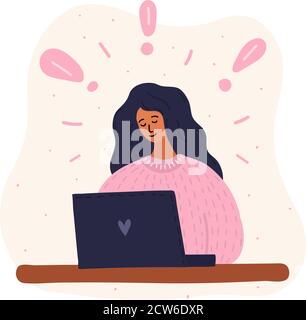 Vektor Cartoon Illustration von Frau Blogging im Internet, lernen oder Kommunikation. Einige Ausrufezeichen um sie herum. E-Learning, Telearbeit. Stock Vektor