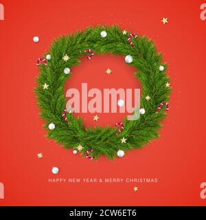 Frohe Weihnachten und Frohes neues Jahr. Weihnachtsbaumkranz mit Weihnachtskugeln und Candy Canes verziert. Weihnachtsdekoration Element auf rotem Hintergrund Stock Vektor