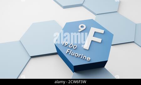 Fluor F, chemisches Element aus dem Periodensystem, wissenschaftliches oder wissenschaftliches Symbol, 3d-Illustration, konzeptionelle Forschung oder Ausbildung, atomares Gewicht Stockfoto