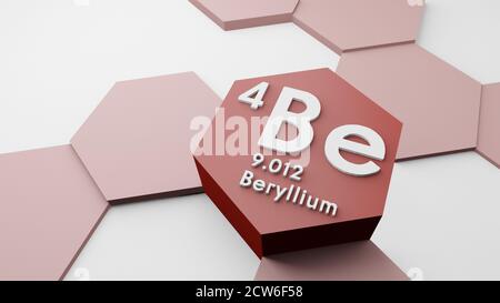 Beryllium Be, chemisches Element aus dem Periodensystem, Wissenschaft oder wissenschaftliches Symbol, 3d-Illustration, konzeptionelle Forschung oder Ausbildung, atomares Gewicht Stockfoto