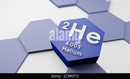 Helium He Gas, chemisches Element aus dem Periodensystem, Wissenschaft oder wissenschaftliches Symbol, 3d-Illustration, konzeptuelle Forschung oder Bildung Atomgewicht Stockfoto