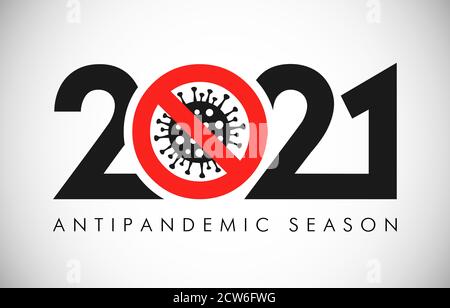 2021 EIN Happy New Year Anticoronavirus Konzept. Stop Corona Virus in 2021-Logo. Abstrakte isolierte Grafik-Design-Vorlage. Schwarz-weiße Zahlen. Stock Vektor