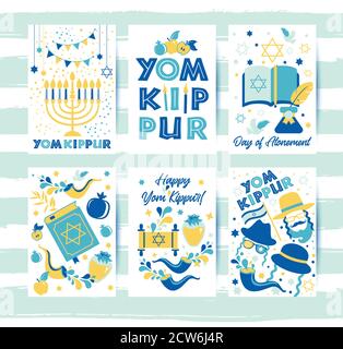 Yom Kippur Grußkarten mit Kerzen, Äpfeln und Shofar und Symbolen. Jüdischer Feiertag Hintergrund. Vektorgrafik auf Weiß. Übersetzung in Stock Vektor