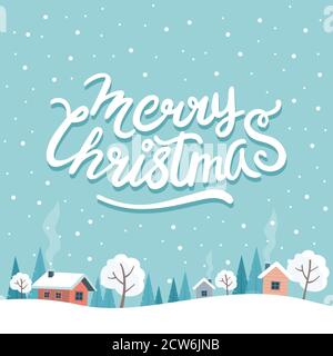 Weihnachts-Grußkarte mit niedlichen Landschaft und Schriftzügen Stock Vektor