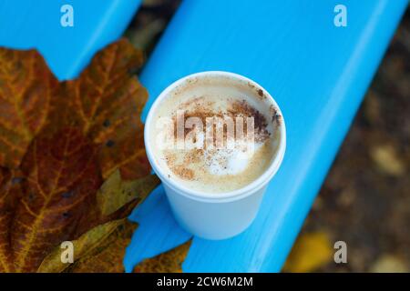 Cappuccino-Kaffee mit Zimt auf einer Parkbank mit herbstlichen Blättern. Herbststimmung und Komfort. Stockfoto