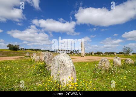 conjunto de menhires, Crómlech de Xerez, Monsaraz, Alentejo, Portugal Stockfoto