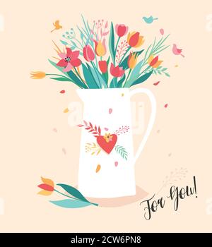 Vektor-Illustration der Blume in der Jongg. Blumenstrauß in der weißen Kaffeekanne. Trend Illustration auf dem rosa Hintergrund. Stock Vektor