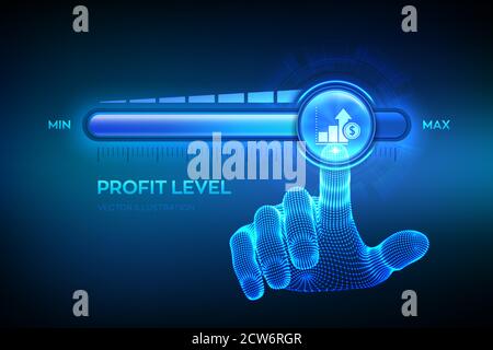 Steigerung Des Gewinns. Wireframe Hand zieht bis zur maximalen Position Fortschrittsbalken mit dem Gewinn-Symbol. Finanzkonzept der Rentabilität oder Stock Vektor
