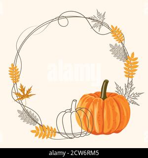 Runder Rahmen mit Kürbissen und Blättern. Vektor Herbst Hintergrund Stock Vektor