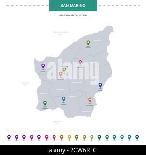 San Marino Karte mit Positionsmarkierungen. Infografik Vektorvorlage, isoliert auf weißem Hintergrund. Stock Vektor