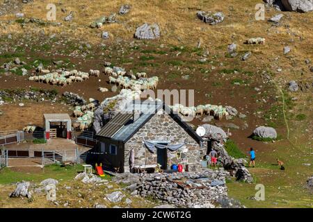 Schäferhütte am Ufer des Sees Lhurs, Lescun Circus, Bearn, Pyrenees-Atlantiques, Frankreich Stockfoto