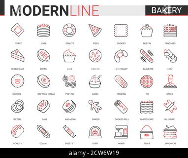 Bäckerei rot schwarz dünne Linie Symbol Vektor Illustration Set. Sweet Food Dessert skizzieren Piktogramm Sammlung mit Bäcker Koch Zucker Produkte und Ausrüstung, Brot Kuchen Kuchen Pie Cookie Käsekuchen Symbole Stock Vektor