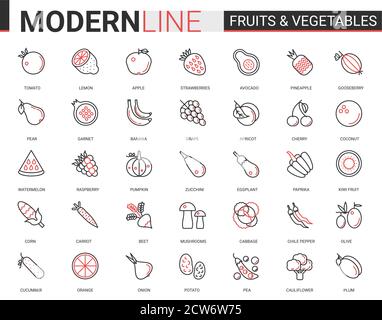 Obst Gemüse flach dünne rote schwarze Linie Symbol Vektor-Illustration Set mit Umriss frische Bio-vegetarische Lebensmittel Symbole, Sammlung von Maisäpfel, Karotte Zwiebel Kartoffel Avocado Pilz Tomate Stock Vektor