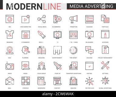 Medien Werbung flache Symbol Vektor Illustration Set. Rot schwarz dünne Linie Sammlung von skizzenhaften Infografik Piktogramm Symbole für mobile Apps mit Marketing-Strategie Forschung, Förderung in sozialen Medien Stock Vektor