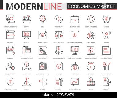 Wirtschaft Aktienmarkt flache Linie Symbol Vektor Illustration Set. Rot schwarz dünne lineare wirtschaftliche Analyse Symbole des Finanzmarketings, Bankkontoanalyse und -Forschung, Bankdatentechnologie Stock Vektor