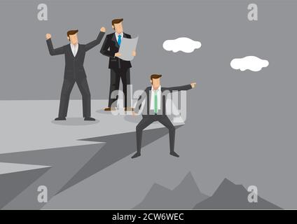 Gruppe von drei Business-Profis an Cliff Edge diskutieren über zukünftige Entwicklung in Aufregung. Kreative Vektordarstellung zur Unternehmensvision Stock Vektor
