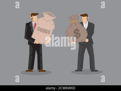 Zwei Cartoon-Mann, einer mit einem Sack mit Etikett liest Waren und der andere mit einem Sack mit Dollar-Zeichen. Vektor-Illustration auf Geschäft Handel und t Stock Vektor