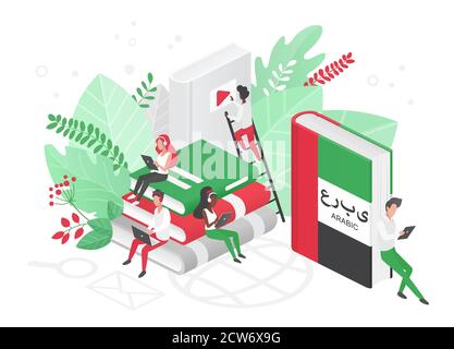 Online Arabisch Sprachkurse isometrische 3d Vektor Illustration. Fernunterricht, Fernschule, arabische Universität. Schüler lesen Bücher Internet-Klasse, e lernen Sprachschule isoliert Stock Vektor