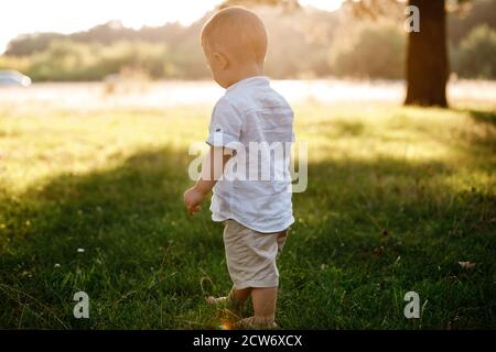 Happy adorable Baby junge Spaziergänge auf dem Gras im Park am Sommertag. Kind in trendigen und niedlichen Kleidung Stockfoto