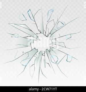 Hoch detailliertes realistisches gebrochenes Glas isoliert auf transparentem Hintergrund. Mit Rissen und Schussspuren. Realistische transparente Scherben aus gebrochenem Glas Stock Vektor