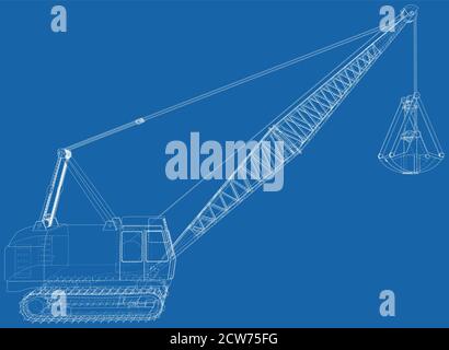 Dragline-Bagger. Isolierter Vektor für Baumaschinen. Schweres Gerätefahrzeug. Die Ebenen der sichtbaren und unsichtbaren Linien werden getrennt. Drahtfrae Stock Vektor