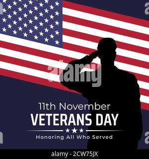 Happy Veterans Tag Banner, Silhouette eines begrüssenden uns Armee Soldaten Veteran auf Flagge Hintergrund. US-Nationalfeiertag 11. november. Amerikanische Flagge. Poster, Ty Stock Vektor