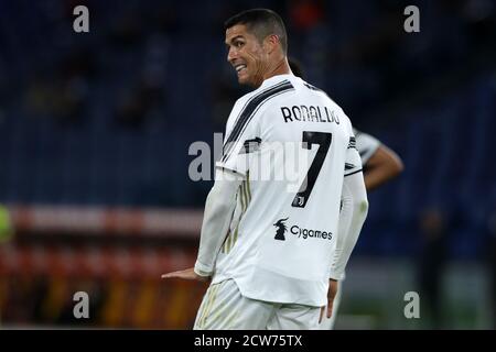 Rom, Italien. September 2020. Cristiano Ronaldo (Juventus) reagiert während des Tim-Spiels der Serie A zwischen AS Roma und Juventus FC Roma im Stadio Olimpico am 27. September 2020 in Rom, Italien.AS Roma und Juventus FC ziehen in der zweiten Runde der Serie A 2020/2021 um 2-2 (Foto von Giuseppe Fama/Pacific Press) Quelle: Pacific Press Media Production Corp./Alamy Live News Stockfoto