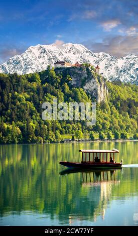Bleder See mit Schloss Bled mit den schneebedeckten Gipfeln dahinter und einem flachen Boot namens Pletna. Bled Slovania. Stockfoto
