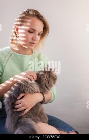 Nahaufnahme von schönen europäischen jungen Frau in grünen Pullover mit Grau Hauskatze, Sonnenschutz von Jalousien. Mensch-Tier-Beziehungen. Stockfoto