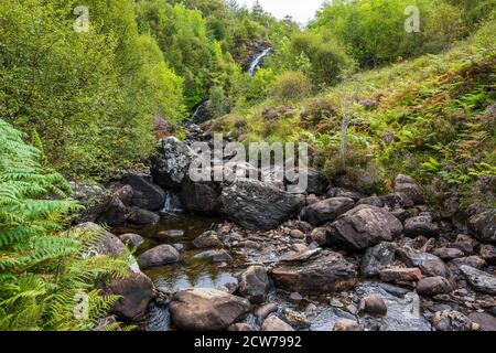 Easan Bana Wasserfall, einer von mehreren kleinen Wasserfällen in Flowerdale Glen, in der Nähe von Gairloch, Wester Ross, Highland Region, Schottland, Großbritannien Stockfoto