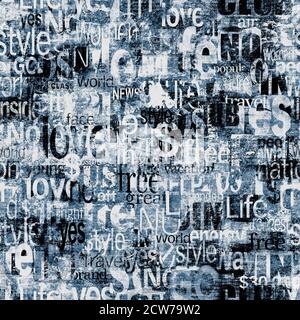 Abstrakte Grunge städtischen Wörter, Buchstaben nahtlose Muster. Alte Zeitung, Zeitschrift texturierten Papier Hintergrund. Blaue, weiße, schwarze Collage wiederholende Textur Stockfoto
