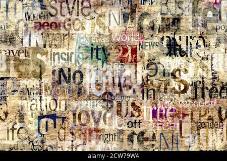 Abstrakte Grunge städtischen geometrischen chaotischen Muster mit Worten, Buchstaben. Alt gealterte Zeitung, Magazin Texture Papier Hintergrund. Beige bunt Hell hori Stockfoto