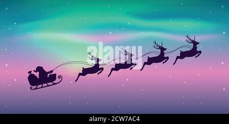 weihnachtsbanner weihnachtsmann im Schlitten mit Rentier auf Polarlicht Hintergrund Vektor Illustration EPS10 Stock Vektor