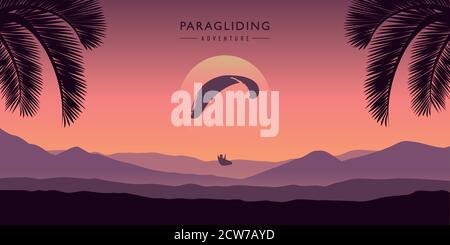 Paragliding Abenteuer lila Berglandschaft mit Palmen Vektor-Illustration EPS10 Stock Vektor