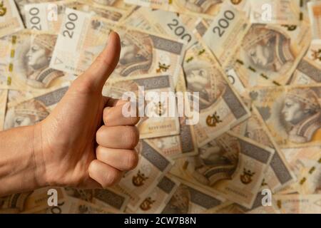 Eine Menge von 200 Zloty Rechnungen. Konzeptionelles Bild des Wirtschaftswachstums in Polen. Stockfoto