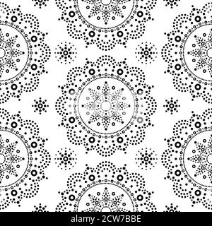 Aboriginal Dot Painting Mandala nahtlose Vektor-Muster, schwarz Bohemian Mandala Vektor-Punkt-Kunst auf weißem Hintergrund, Retro Folk-Design Stock Vektor