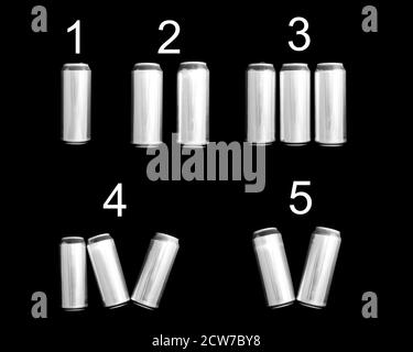 Römische Ziffer 1 2 3 4 5. Aus Aluminiumdosen auf schwarzem Hintergrund isoliert. Nummerierung eins zwei drei vier fünf Stockfoto