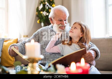 Kleines Mädchen mit älteren Großvater drinnen zu Hause zu Weihnachten, Blick auf Fotos. Stockfoto