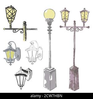 Vector Set von Sketch Street Lights und Leuchten Stock Vektor