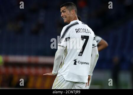 Cristiano Ronaldo (Juventus) reagiert während des Tim-Spiels der Serie A zwischen AS Roma und Juventus FC Roma im Stadio Olimpico am 27. September 2020 in Rom, Italien.AS Roma und Juventus FC ziehen in der zweiten Runde der Serie A 2020/2021 um 2-2 (Foto: Giuseppe Fama/Pacific Press/Sipa USA) Stockfoto