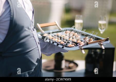 Kellner halten Tablett mit portionierten Tartare von Rindfleisch und Samlon. Snack im Freien bei Sonnenuntergang Stockfoto