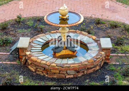 Brunnen mit zwei schwarzen Schwanenskulpturen an der Basis im Vorgarten des Faversham House York Western Australia. Stockfoto