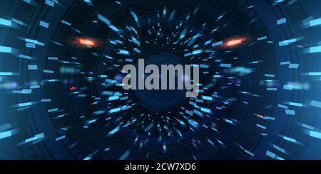 Abstrakter technologischer Hintergrund mit fliegenden geometrischen Elementen und digitaler Schnittstelle Kreis Stockfoto