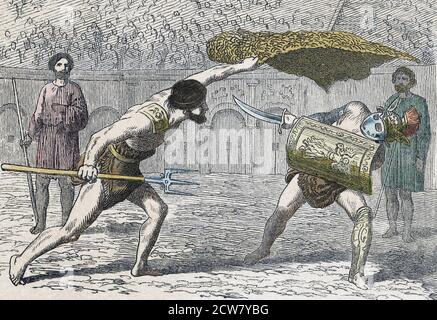 Gladiatorenkampf zwischen einem Retiarius, oder Netzmann, auf der linken Seite und einem Samniten. Nach einer Mitte des 19. Jahrhunderts Illustration von einem unbekannten Künstler. Stockfoto