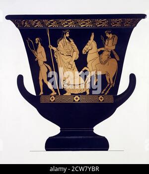 Griechische Vase. Dionysos, der Gott des Weins und Hephaistus, der Gott des Feuers, geführt von einem Mann mit Leier. Nach einem Werk des deutschen griechischen Vasen-Gelehrten des 19. Jahrhunderts, Albert Genick. Stockfoto