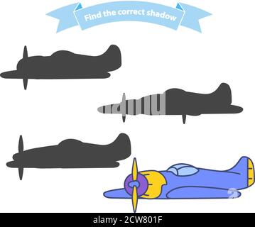 Finden Sie die richtige Schatten Flugzeug Kämpfer.flache Illustration Vektor. Stock Vektor