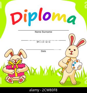 Diplomvorlage für Kinder.die Karikatur ein Hase mit einem Geschenk. Stock Vektor