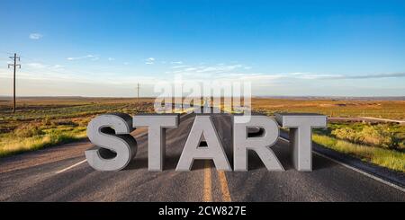 Start, Anfang Konzept. Textschild Beton solide Buchstaben auf dem Asphalt, lange gerade Straße und blauer Himmel Hintergrund. 3d-Illustration Stockfoto